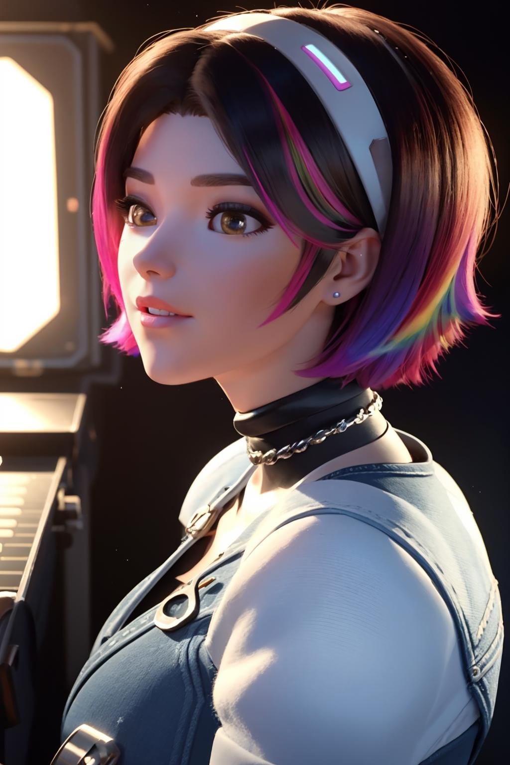 3D, CGI, render, realistic, 8k high definition detailed realistic, (best quality, masterpiece:1.2),photon mapping, radiosity, physically-based rendering, best quality, highly detailed, 1girl, looking at viewer, ((close up shot)), Portrait, multicolored hair, white gloves, fingerless gloves, white hairband, denim croptop, denim pants, white boots,   dvakpop , concert stage, <lora:D.Vakpop-000008:.9> <lora:GoodHands-vanilla:0.8>