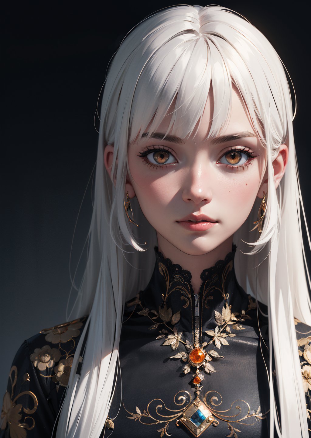 style of Tsutomu Nihei,(incredibly absurdres, (high resolution:1.18), intricate detail, (masterpiece:1.1), (highest quality:1.1), absurdres) BREAK (1girl, solo, portrait, white hair, orange eyes, long hair, detailed eyes),