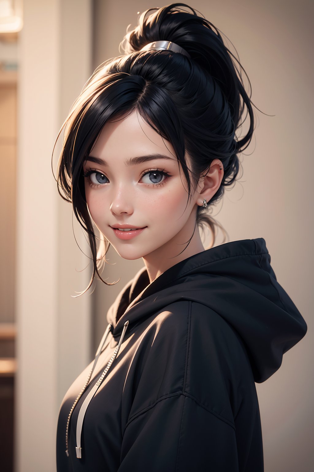 woman,age 20 years old,ponytail,smile,hoodie,portrait,(masterpiece, best quality, highres),