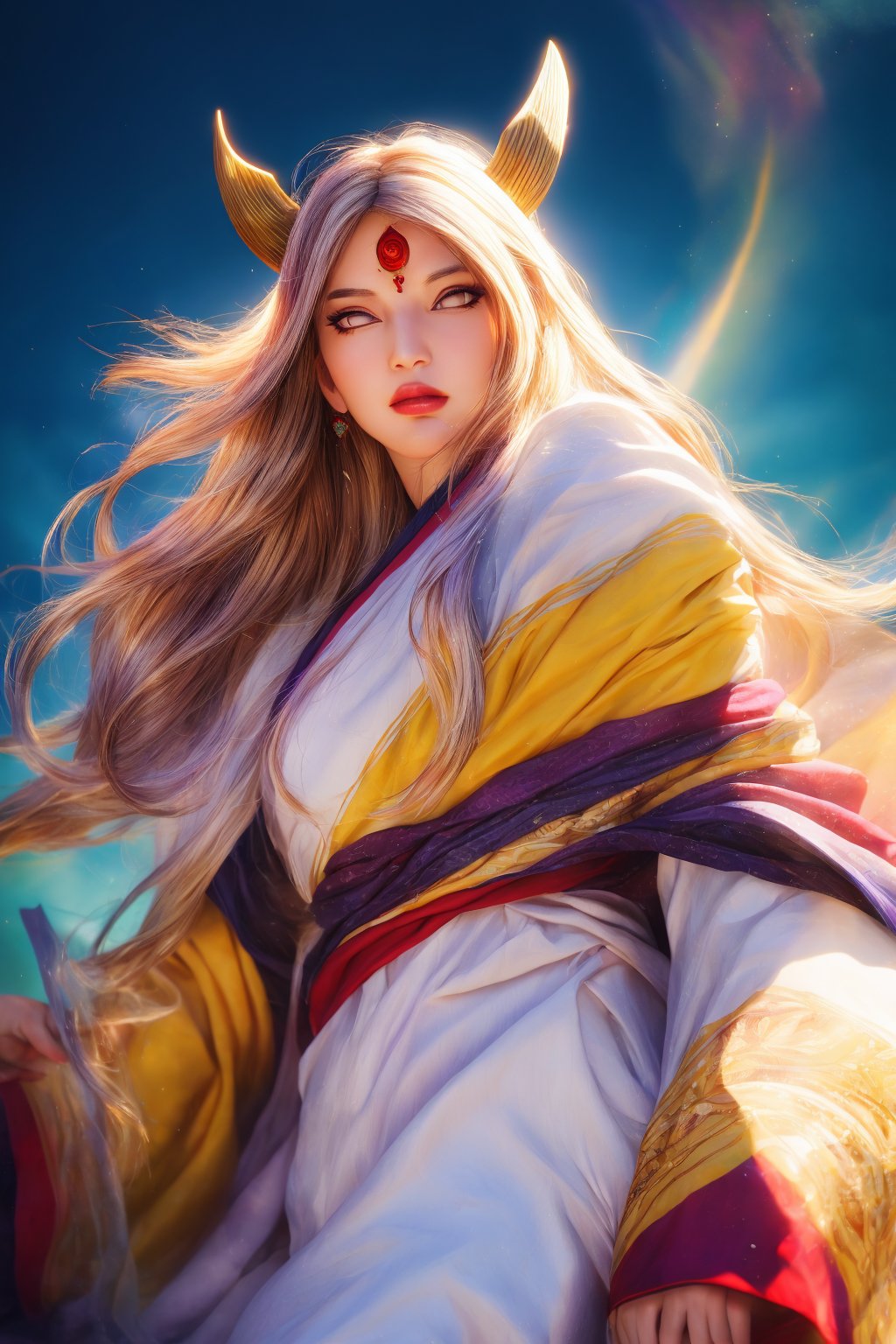 masterpiece,best quality,highly detailed,ultra-detailed,an extremely delicate and beautiful,masterpiece,1girl, solo,kaguya,mature female, long hair, absurdly long hair, third eye,horns, pale skin,white short eyebrows, otsutsuki kimono, perfect eyes,floating hair, sexy pose, High quality 7k, High resolution ,fully_clothed,third eye,sreeleela