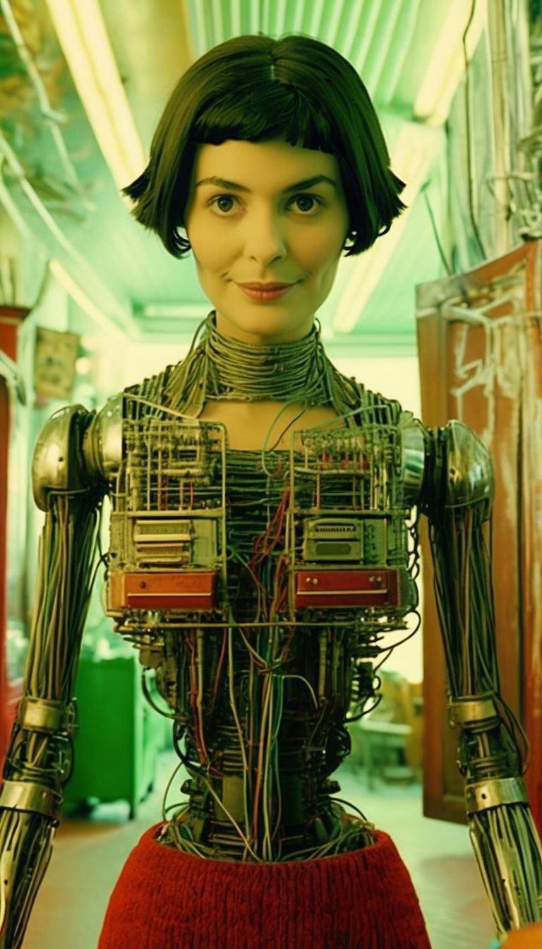 <lora:aether_amelie_test4_231107_SDXL_LoRA_1e-6_128_dim_70_epochs_more_longshots:1> movie still of amelie as a robot made of chrome and wires, cinematic, intricate, heavy grain 