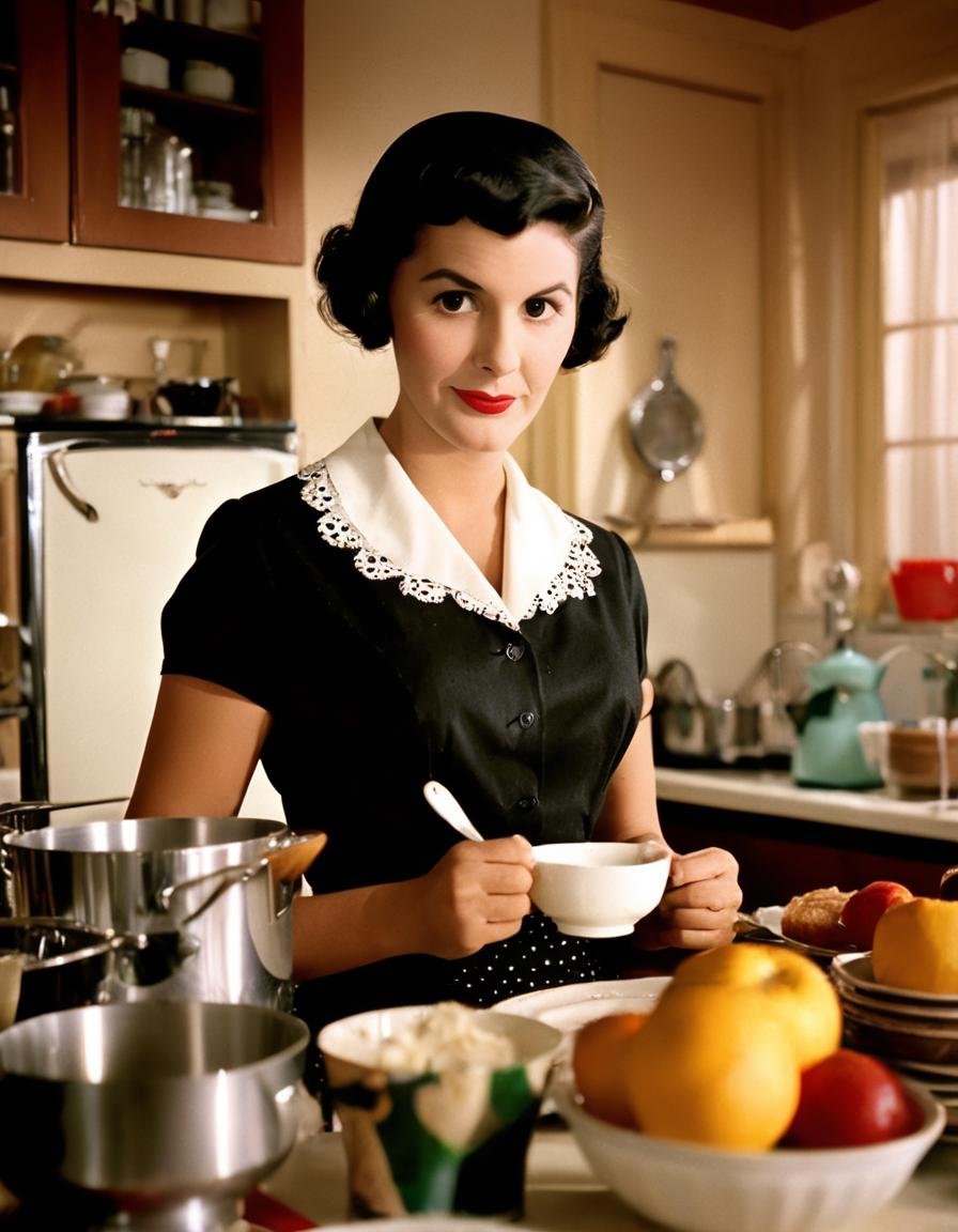 <lora:aether_amelie_test4_231107_SDXL_LoRA_1e-6_128_dim_70_epochs_more_longshots:1> technicolor photo of amelié as a 50s housewife looking into the camera, in the kitchen, cinematic, intricate