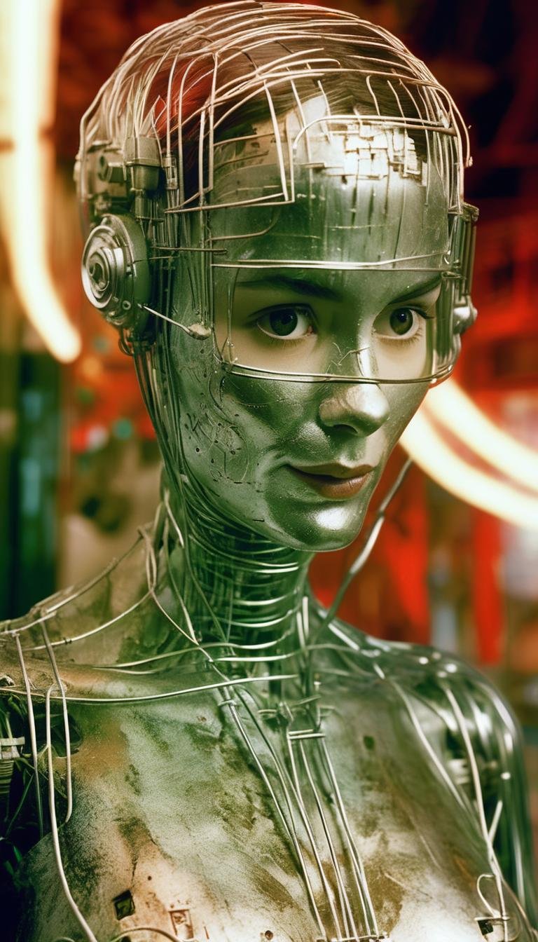 <lora:aether_amelie_test4_231107_SDXL_LoRA_1e-6_128_dim_70_epochs_more_longshots:1> photo of amelie as a translucent robot made of chrome and wires, cinematic, intricate, heavy grain 