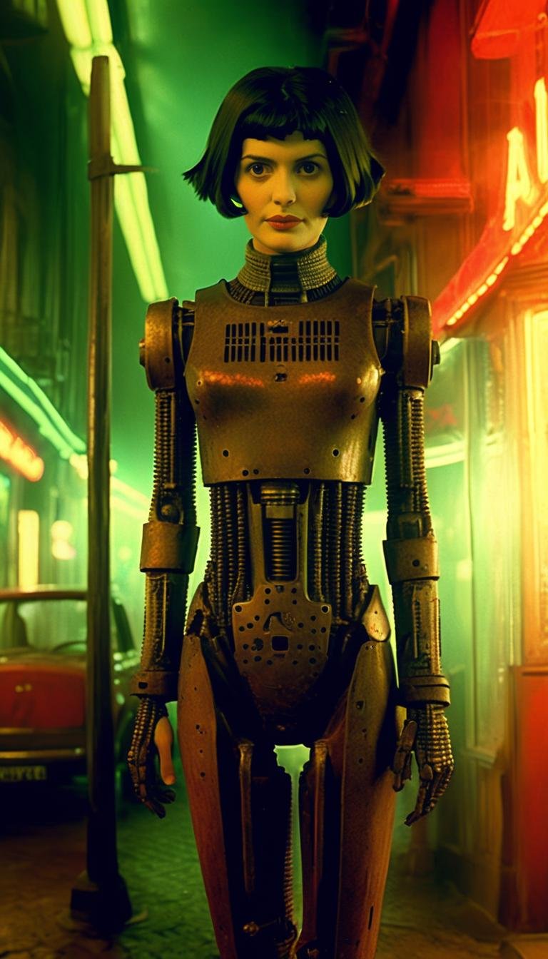 <lora:aether_amelie_test4_231107_SDXL_LoRA_1e-6_128_dim_70_epochs_more_longshots:1> movie still of amelie as a robot, blade runner 1982, cinematic, intricate, heavy grain 