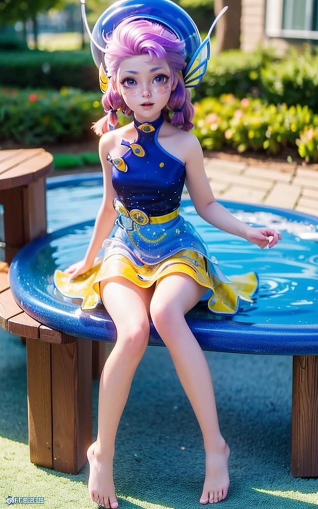 (masterpiece:1.4),(best quality:1.4),(ultra-detailed:1.2),high quality,highres,ultra high res,extremely detailed,finely detail,1girl,(loli),pale skin,sitting,barefoot,full body,looking at viewer,indoors,blue hat,blue halter dress,yellow skirt,fish decoration,water ripple,fish,<lora:agd-000008:0.9>,