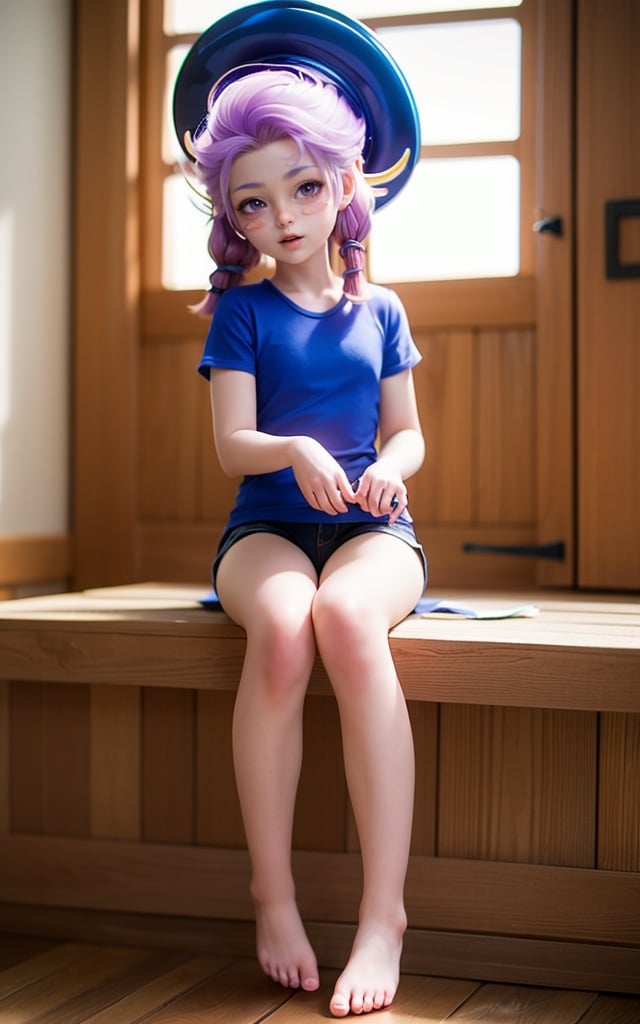 (masterpiece:1.4),(best quality:1.4),(ultra-detailed:1.2),high quality,highres,ultra high res,extremely detailed,finely detail,1girl,(loli),pale skin,sitting,barefoot,full body,looking at viewer,indoors,blue hat,t-shirt,shorts,<lora:agd-000008:0.9>,