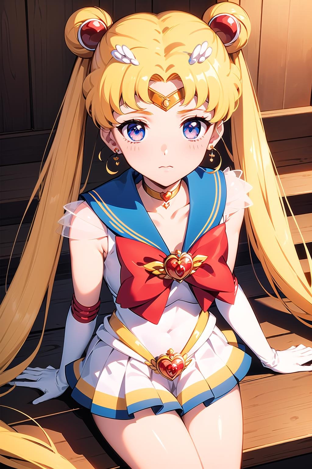 best quality, ultra-detailed, (1girl, solo, <lyco:supersailormoon-v1:1>, supersailormoon, double bun, twintails,  circlet, jewelry, earrings, choker, red bow, white gloves, elbow gloves, miniskirt,, sitting, very shy face,),, in a stairwell,