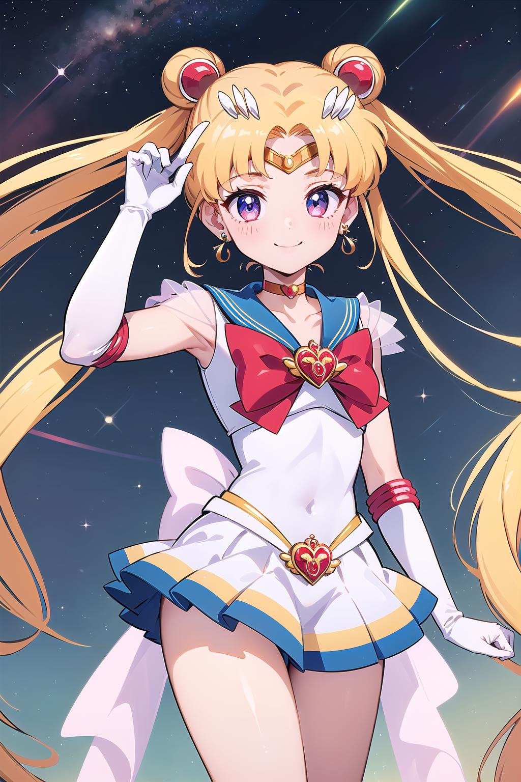 best quality, ultra-detailed, (1girl, solo, <lyco:supersailormoon-v1:1>, supersailormoon, double bun, twintails,  circlet, jewelry, earrings, choker, red bow, white gloves, elbow gloves, miniskirt,, relaxed posture, elbows extended, standing, smile),,  at night, starry sky