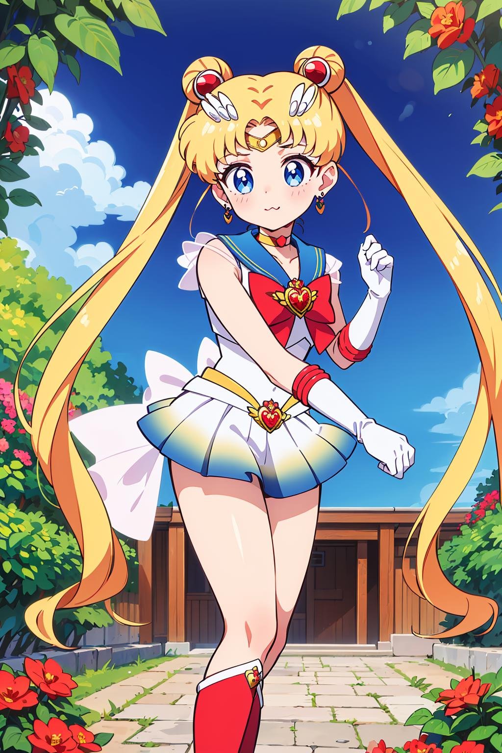 best quality, ultra-detailed, (1girl, solo, <lyco:supersailormoon-v1:1>, supersailormoon, double bun, twintails,  circlet, jewelry, earrings, choker, red bow, white gloves, elbow gloves, miniskirt,, standing, red boots , wavy mouth,),, in a secret garden,