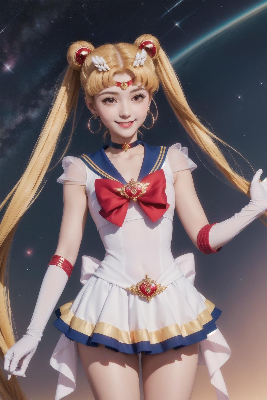 best quality, ultra-detailed, (1girl, solo, <lyco:supersailormoon-v1:1>, supersailormoon, double bun, twintails,  circlet, jewelry, earrings, choker, red bow, white gloves, elbow gloves, miniskirt,, relaxed posture, elbows extended, standing, smile),,  at night, starry sky