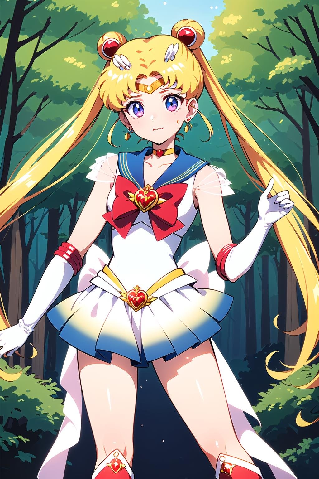 best quality, ultra-detailed, (1girl, solo, <lyco:supersailormoon-v1:1>, supersailormoon, double bun, twintails,  circlet, jewelry, earrings, choker, red bow, white gloves, elbow gloves, miniskirt,, standing, red boots , wavy mouth,),, in a magical forest,