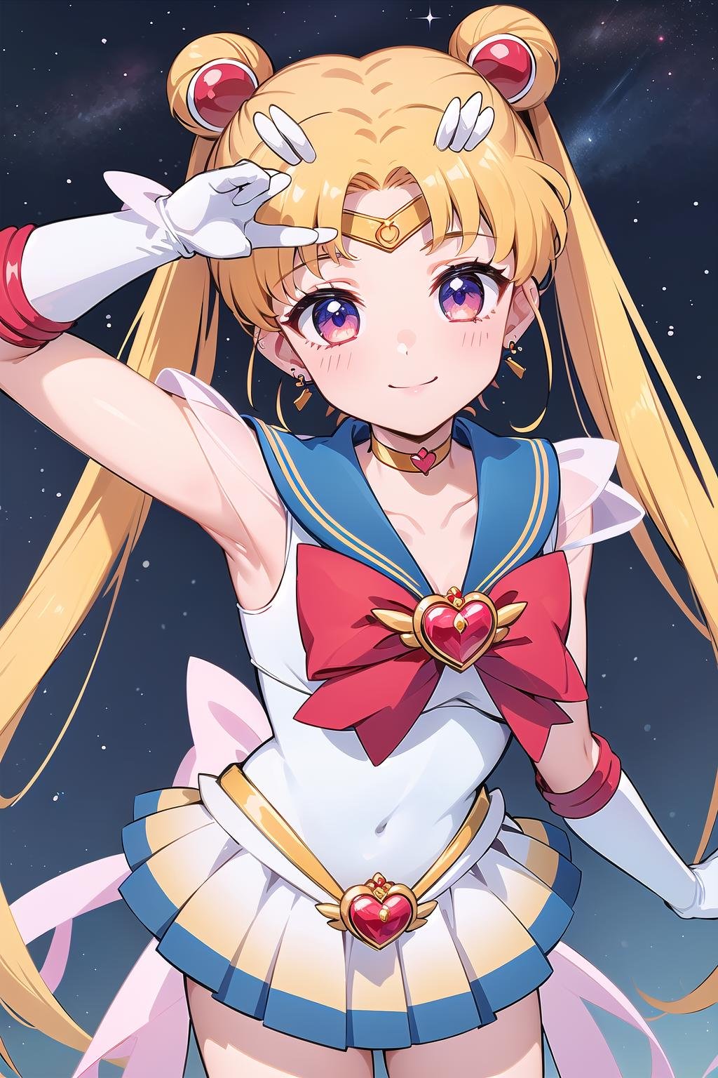 best quality, ultra-detailed, (1girl, solo, <lyco:supersailormoon-v1:1>, supersailormoon, double bun, twintails,  circlet, jewelry, earrings, choker, red bow, white gloves, elbow gloves, miniskirt,, relaxed posture, elbows extended, standing, smile),,  at night, starry sky