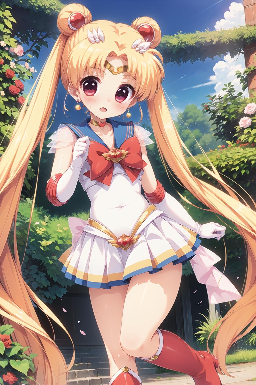 best quality, ultra-detailed, (1girl, solo, <lyco:supersailormoon-v1:1>, supersailormoon, double bun, twintails,  circlet, earrings, choker, red bow, white gloves, elbow gloves, miniskirt,, standing, red boots , whiskers,),, in a secret garden,