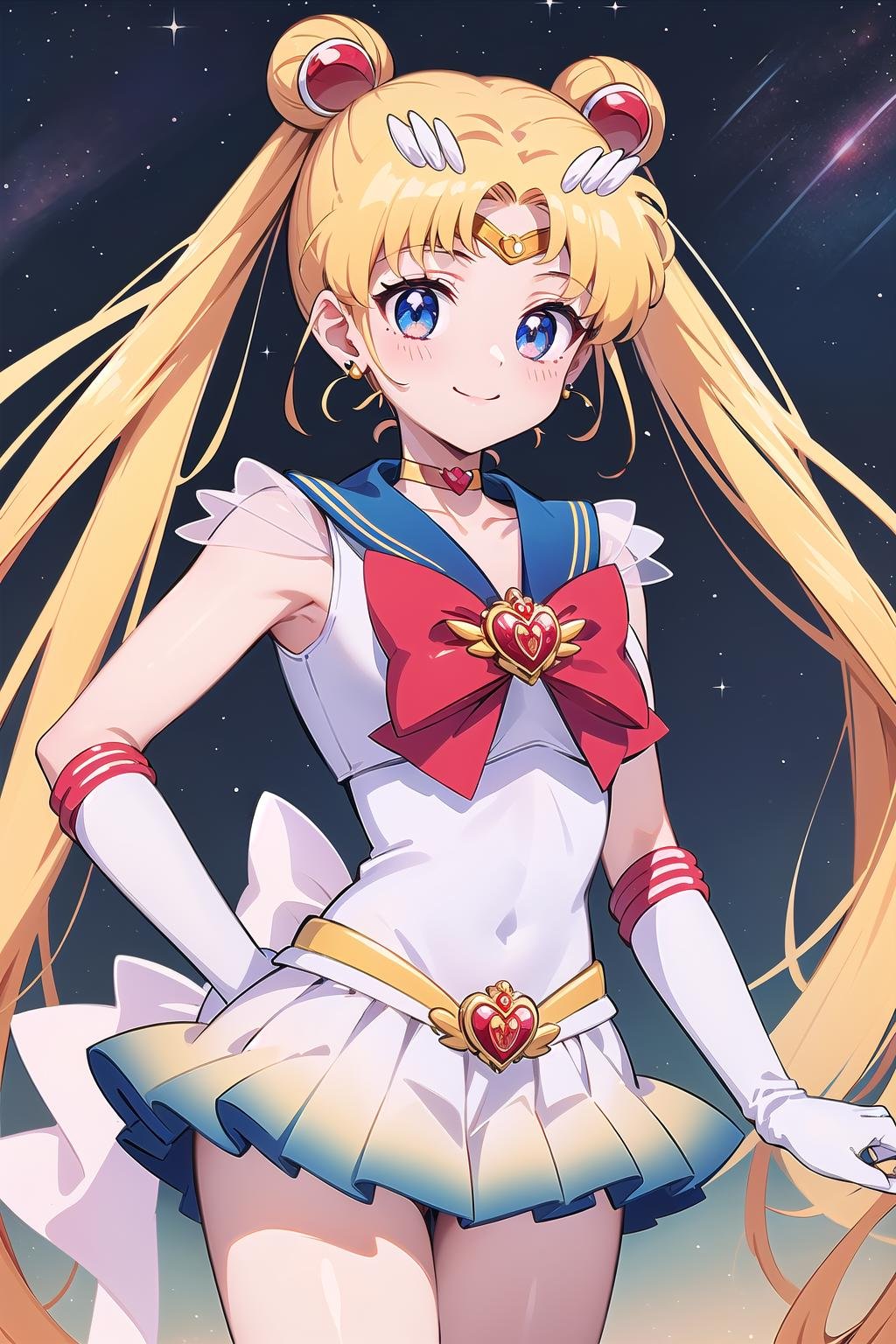best quality, ultra-detailed, (1girl, solo, <lyco:supersailormoon-v1:1>, supersailormoon, double bun, twintails,  circlet, jewelry, earrings, choker, red bow, white gloves, elbow gloves, miniskirt,, relaxed posture, elbows extended, standing, smile),,  at night, starry sky