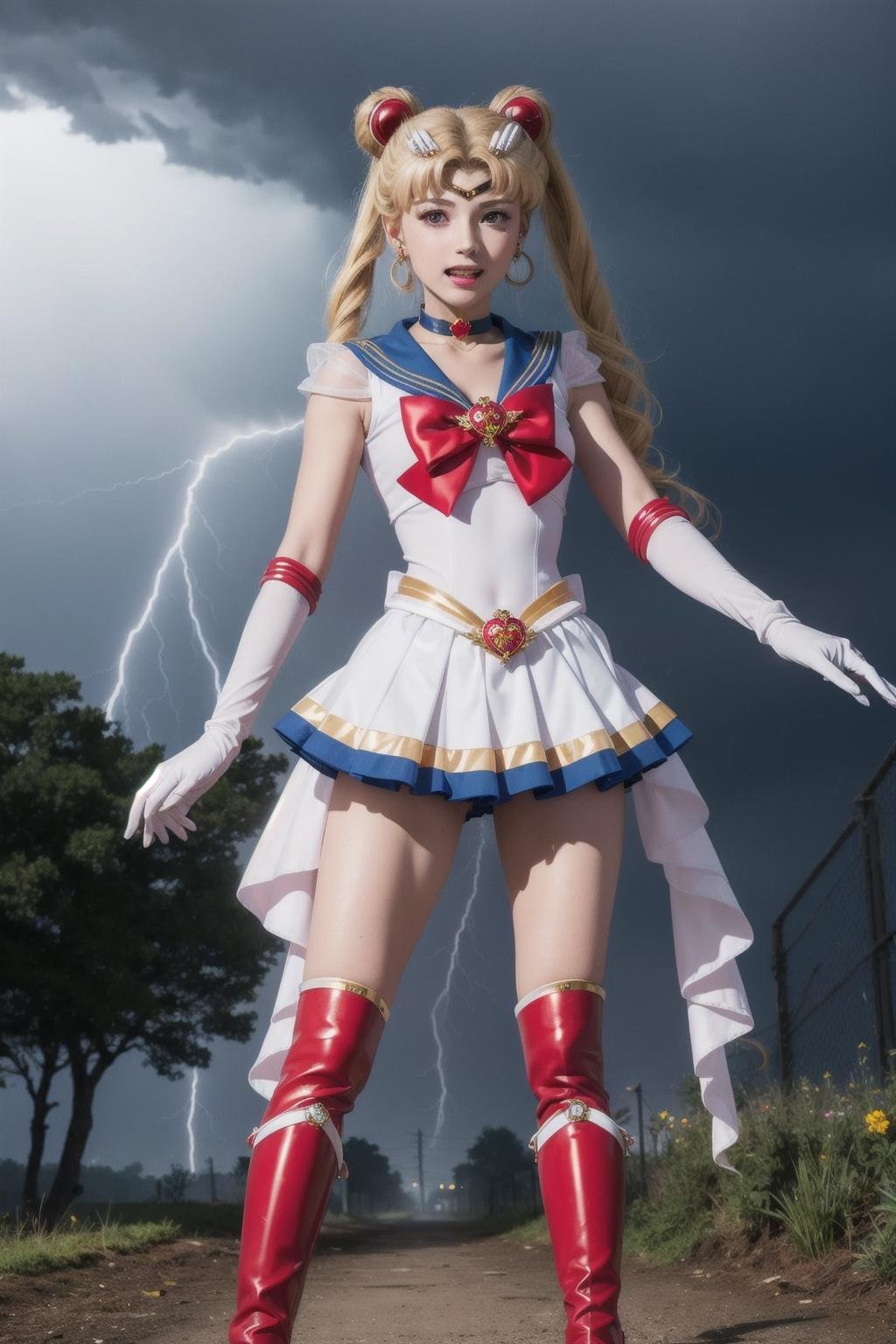 best quality, ultra-detailed, (1girl, solo, <lyco:supersailormoon-v1:1>, supersailormoon, double bun, twintails,  circlet, jewelry, earrings, choker, red bow, white gloves, elbow gloves, miniskirt,, standing, red boots , clenched teeth,),, in a thunderstorm,