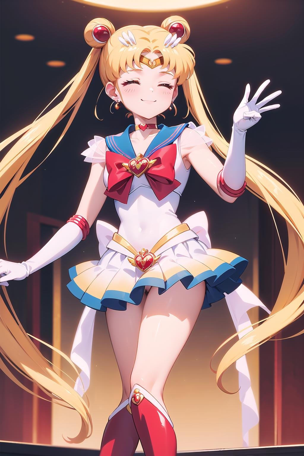 best quality, ultra-detailed, (1girl, solo, <lyco:supersailormoon-v1:1>, supersailormoon, double bun, twintails,  circlet, jewelry, earrings, choker, red bow, white gloves, elbow gloves, miniskirt,, standing, red boots , closed eyes smile:1.2,),, in a dimly lit nightclub,