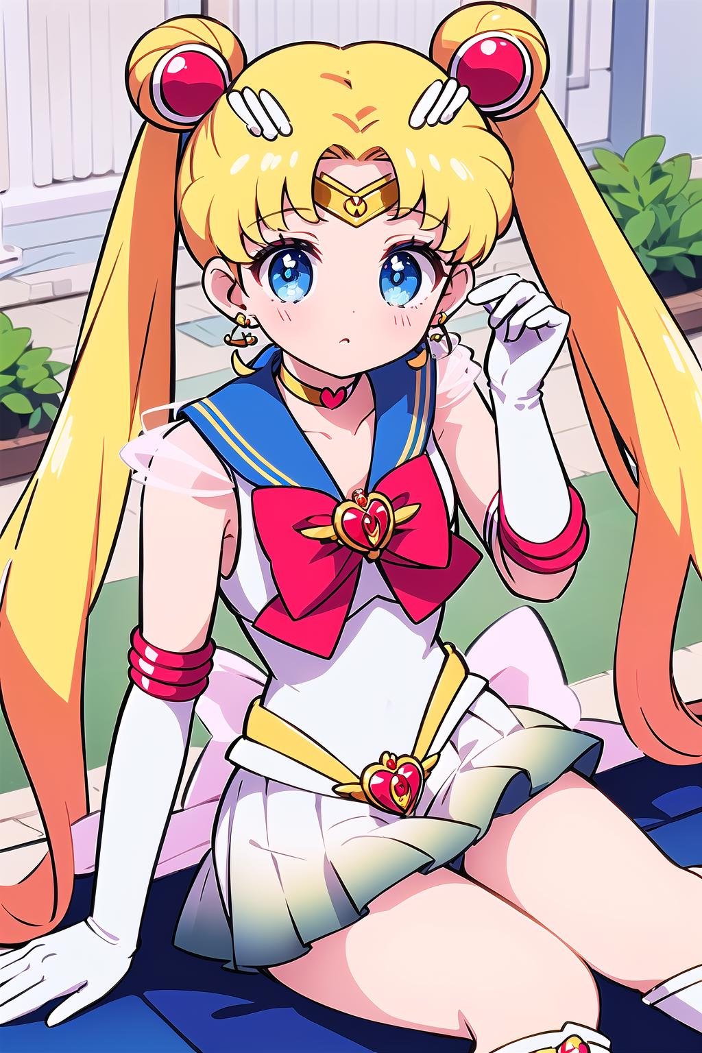 best quality, ultra-detailed, (1girl, solo, <lyco:supersailormoon-v1:1>, supersailormoon, double bun, twintails,  circlet, jewelry, earrings, choker, red bow, white gloves, elbow gloves, miniskirt,, sitting, staring,),, at a market,