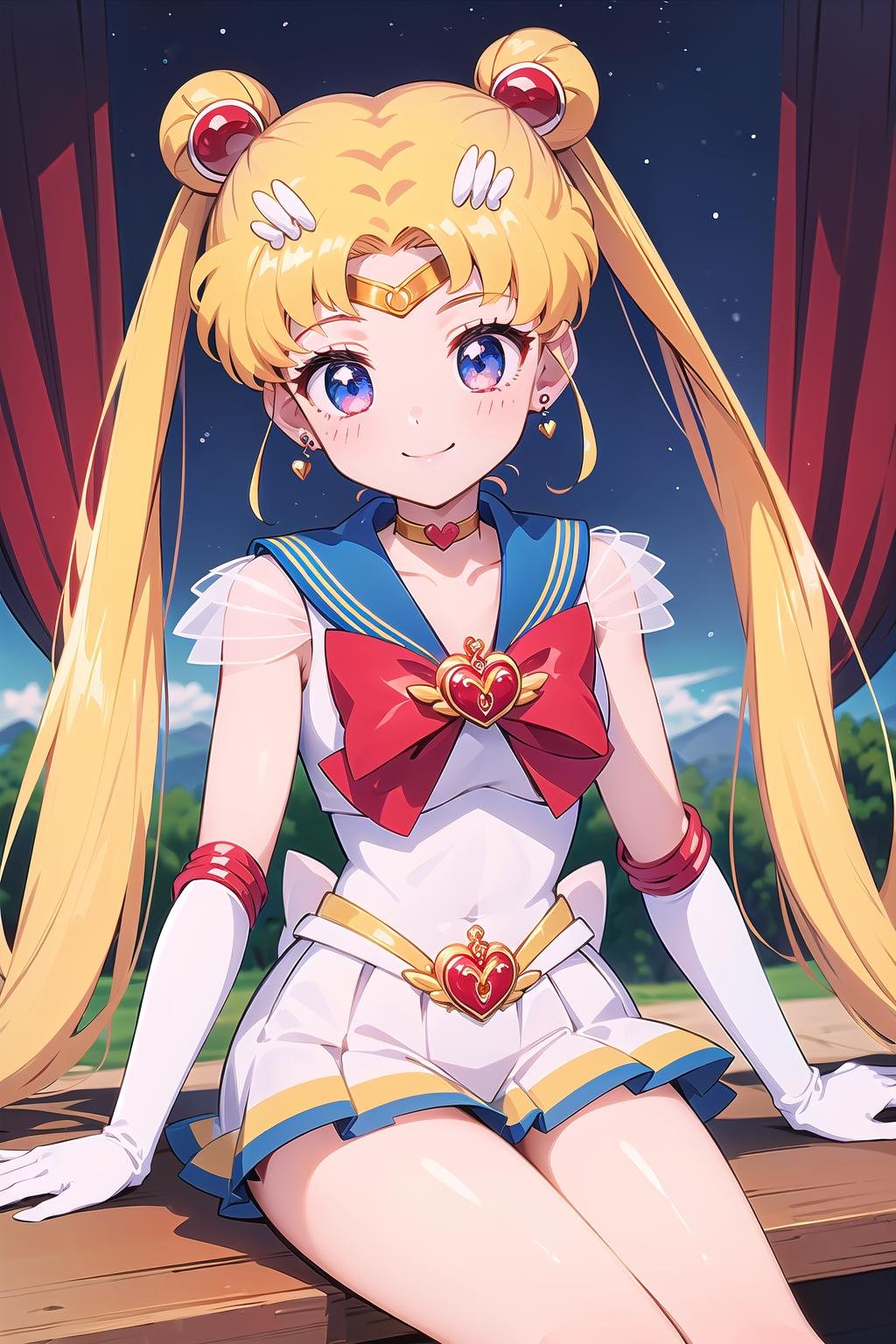 best quality, ultra-detailed, (1girl, solo, <lyco:supersailormoon-v1:1>, supersailormoon, double bun, twintails,  circlet, jewelry, earrings, choker, red bow, white gloves, elbow gloves, miniskirt,, sitting, smile,),, on a desert road,
