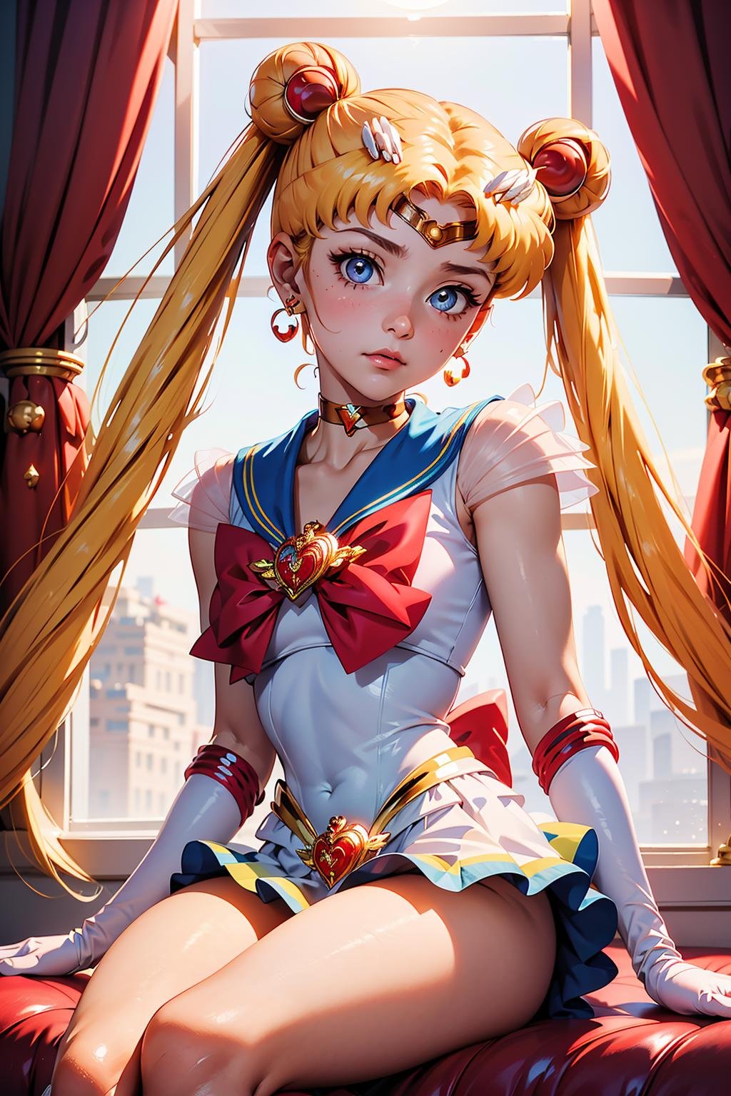 best quality, ultra-detailed, (1girl, solo, <lyco:supersailormoon-v1:1>, supersailormoon, double bun, twintails,  circlet, jewelry, earrings, choker, red bow, white gloves, elbow gloves, miniskirt,, sitting, very shy face,),, in the sahara,