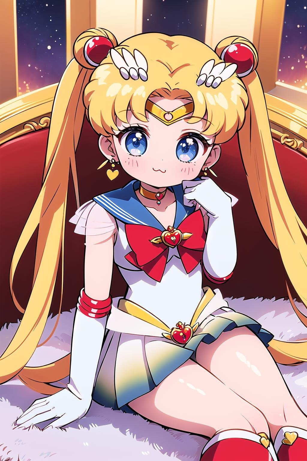 best quality, ultra-detailed, (1girl, solo, <lyco:supersailormoon-v1:1>, supersailormoon, double bun, twintails,  circlet, jewelry, earrings, choker, red bow, white gloves, elbow gloves, miniskirt,, sitting, :3,),, on a fur rug,