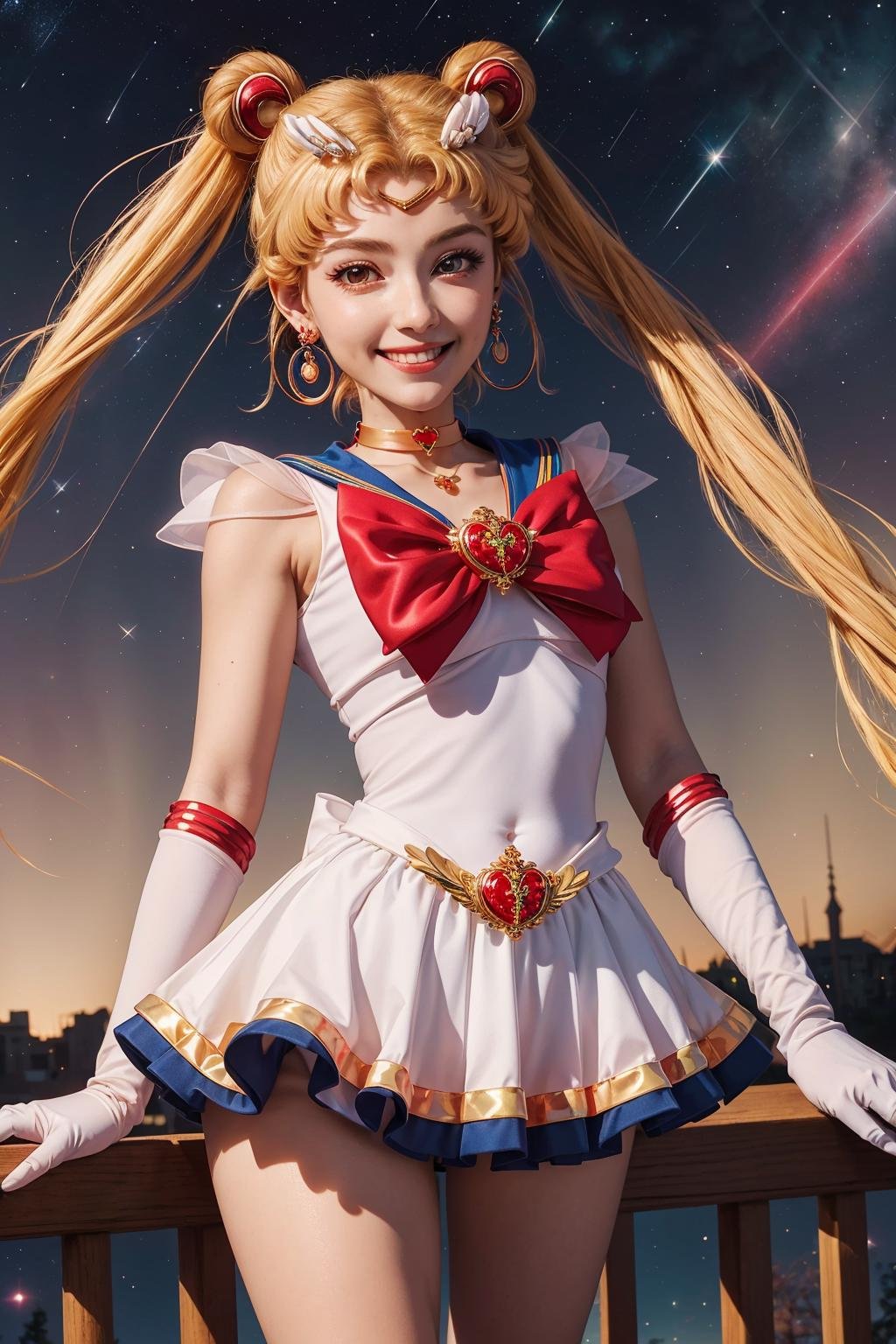 best quality, ultra-detailed, (1girl, solo, <lyco:supersailormoon-v1:1>, supersailormoon, double bun, twintails,  circlet, jewelry, earrings, choker, red bow, white gloves, elbow gloves, miniskirt,, relaxed posture, elbows extended, standing, smile),,  at night, starry sky