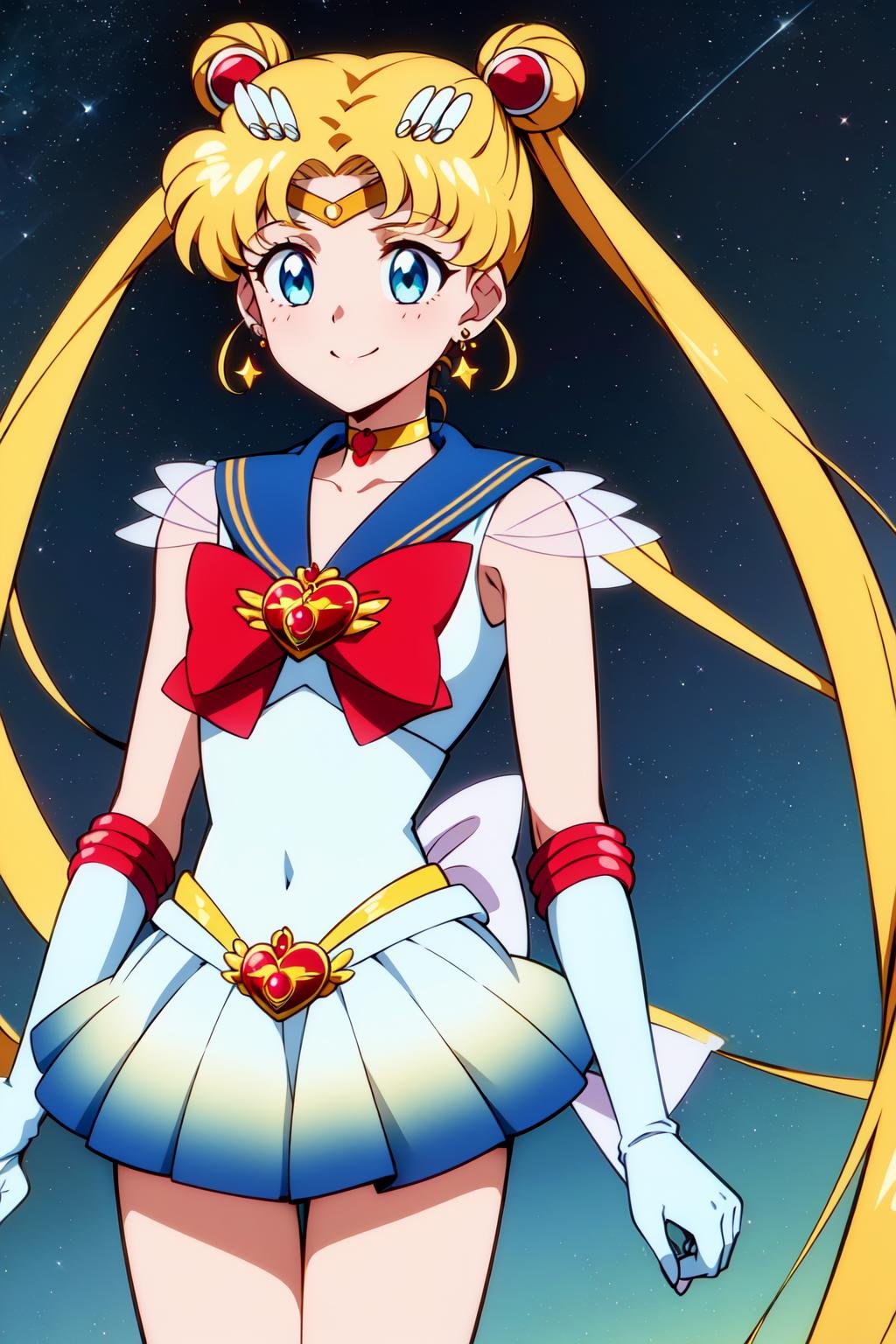 best quality, ultra-detailed, (1girl, solo, <lyco:supersailormoon-v1:1>, supersailormoon, double bun, twintails,  circlet, jewelry, earrings, choker, red bow, white gloves, elbow gloves, miniskirt,, relaxed posture, elbows extended, standing, smile),,  at night, starry sky