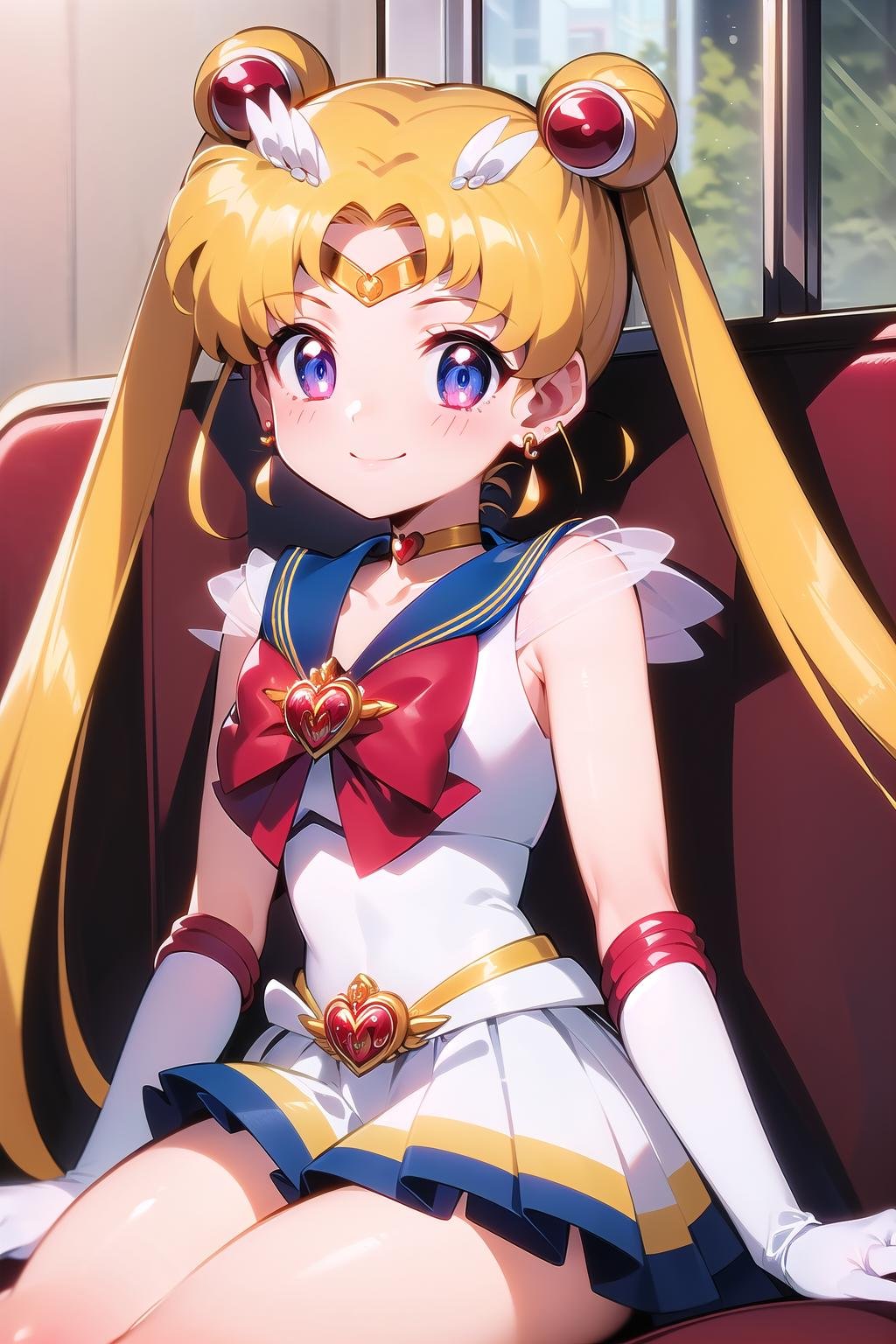 best quality, ultra-detailed, (1girl, solo, <lyco:supersailormoon-v1:1>, supersailormoon, double bun, twintails,  circlet, jewelry, earrings, choker, red bow, white gloves, elbow gloves, miniskirt,, sitting, evil smile,),, on a train,