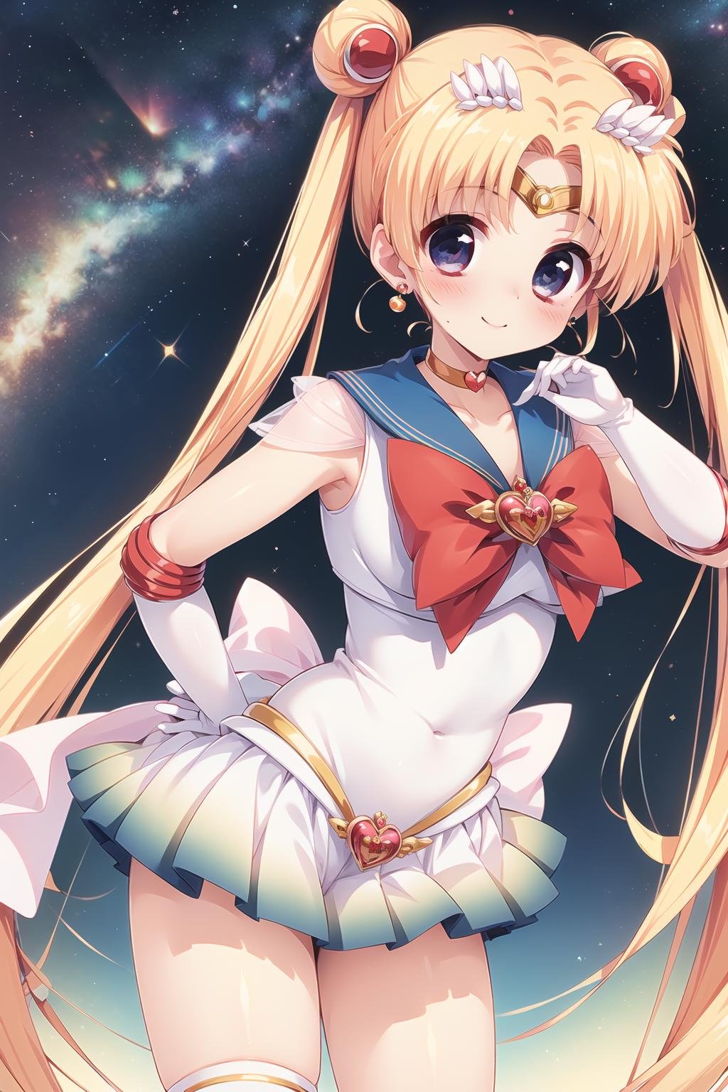 best quality, ultra-detailed, (1girl, solo, <lyco:supersailormoon-v1:1>, supersailormoon, double bun, twintails,  circlet, jewelry, earrings, choker, red bow, white gloves, elbow gloves, miniskirt,, relaxed posture, elbows extended, standing, smile),,  at night, starry sky