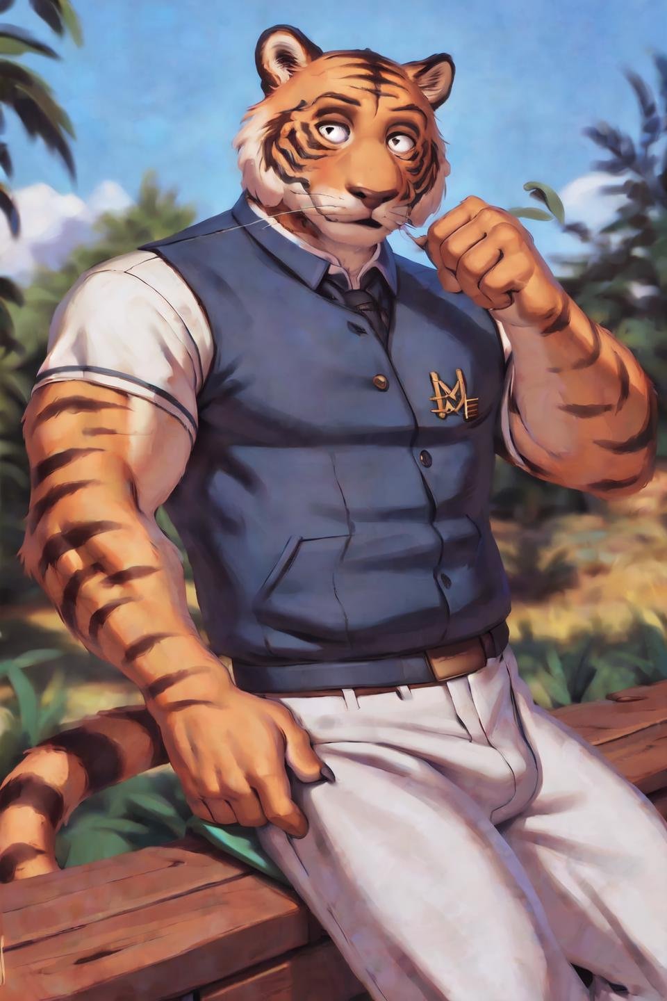 (by personalami, by honovy, by meesh, by null-ghost), male, tiger, solo, bill \(beastars\), stripes, clothed, jacket, clothed