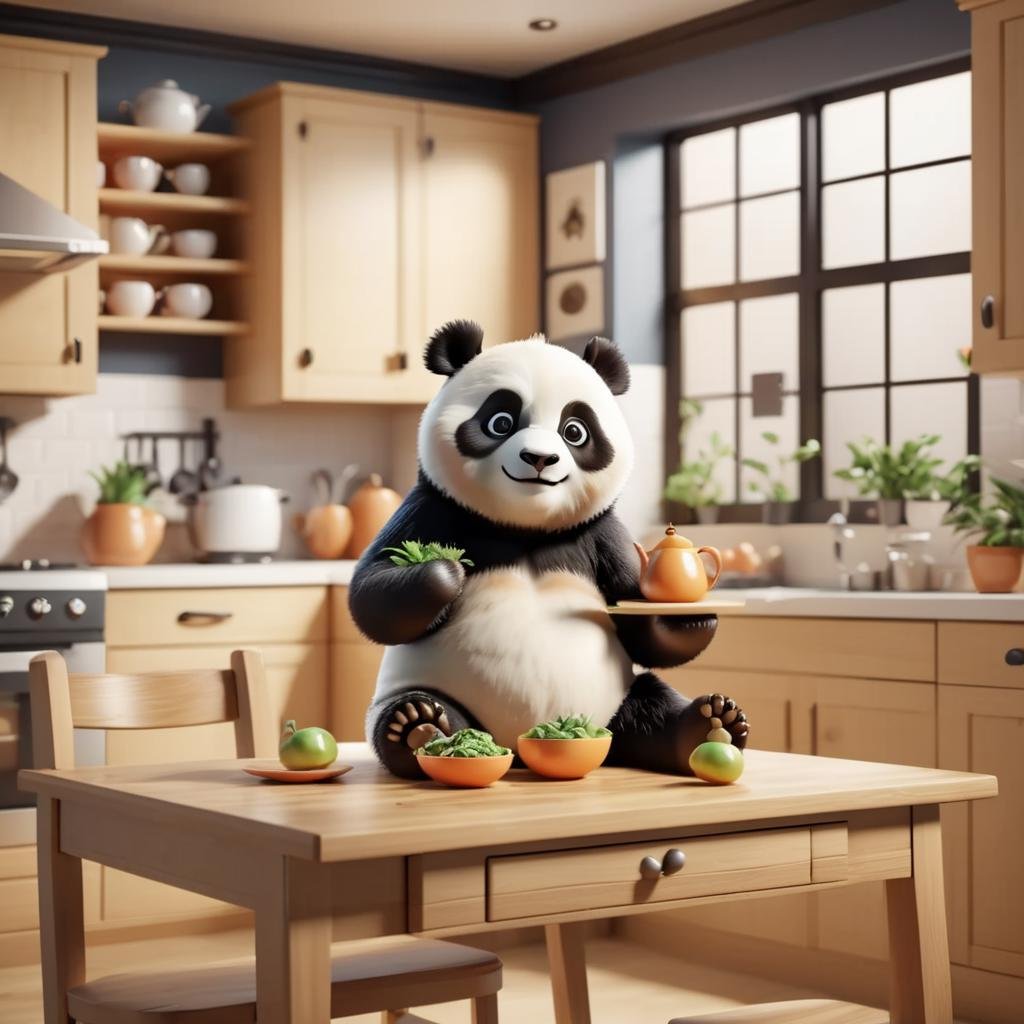 3D Render Style, 3DRenderAF, Cute panda on top of a table, kitchen, funny,<lora:3DRenderConfig4:1>