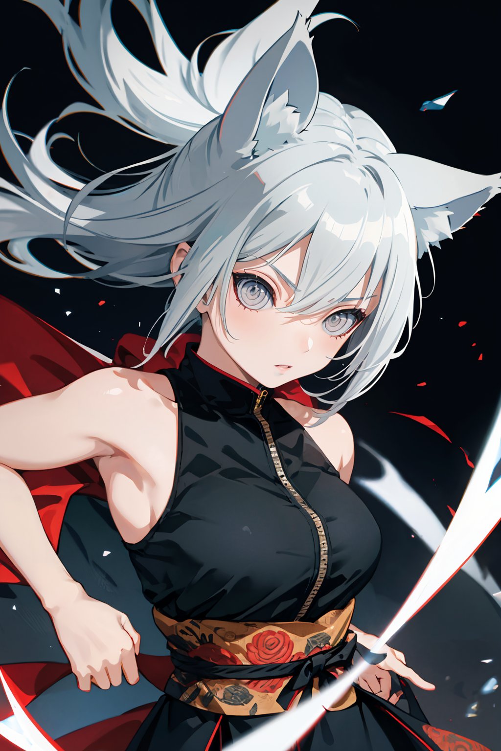 rinnengan,  1girl, silver hair, dress, cat ears, white eyes, looking at viewer, ninja.  