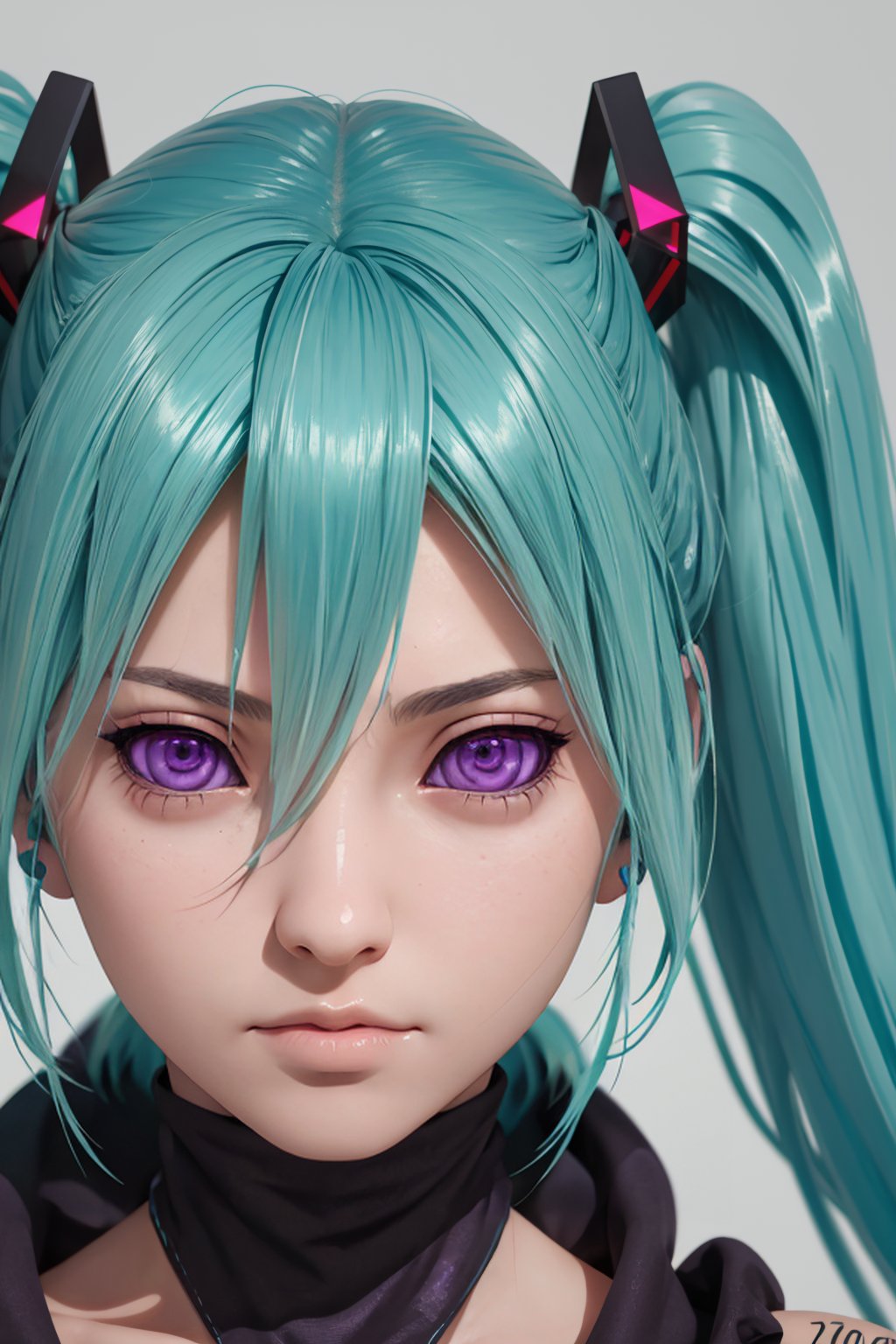 rinnengan,  Raw,  close up,  portrait  Realistic,  1girl,  Hatsune Miku,  aqua hair,  hair, purple eyes, looking at viewer, 