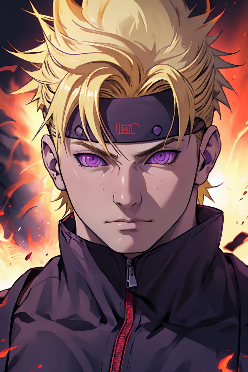 rinnengan,  Raw,  close up,  portrait  Realistic,  1boy, blonde, spiked hair,  purple eyes, looking at viewer, ninja.  