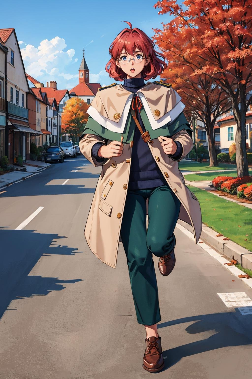 masterpiece, best quality,  <lora:dorothy-nvwls-v1-000008:0.9> dorothy hyatt, glasses, coat, blue turtleneck sweater, green pants, brown shoes, running, :o, wide shot, village, autumn, street