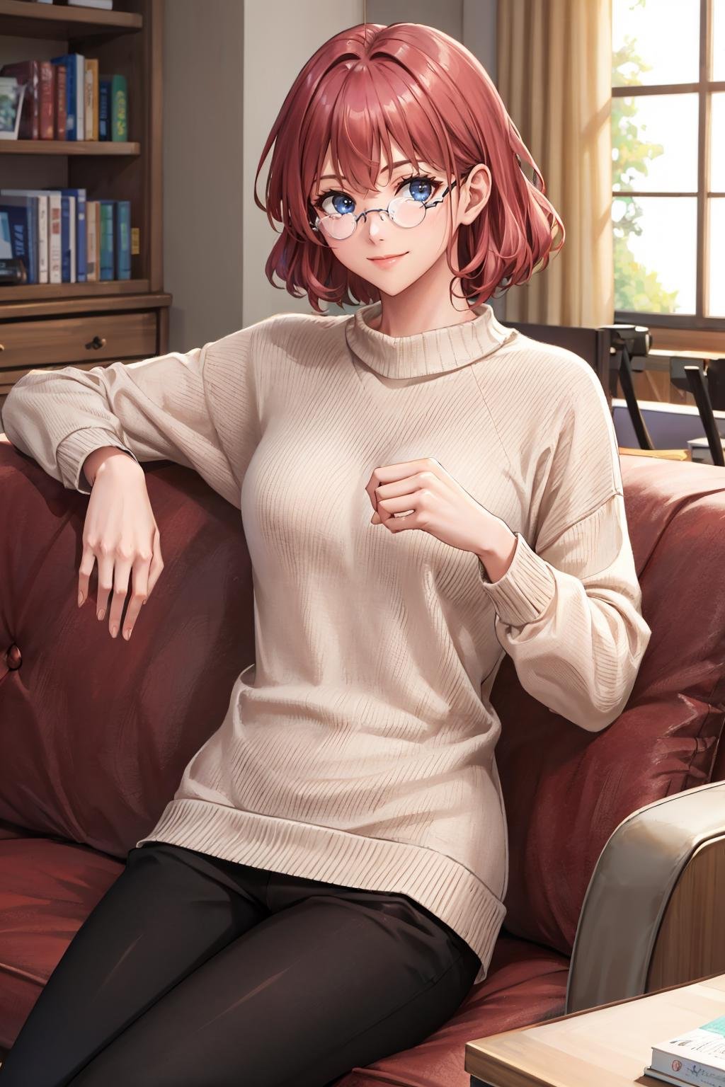 masterpiece, best quality,  <lora:dorothy-nvwls-v1-000008:0.8> dorothy hyatt, glasses, white sweater, black sweatpants, looking at viewer, smile, indoors, couch