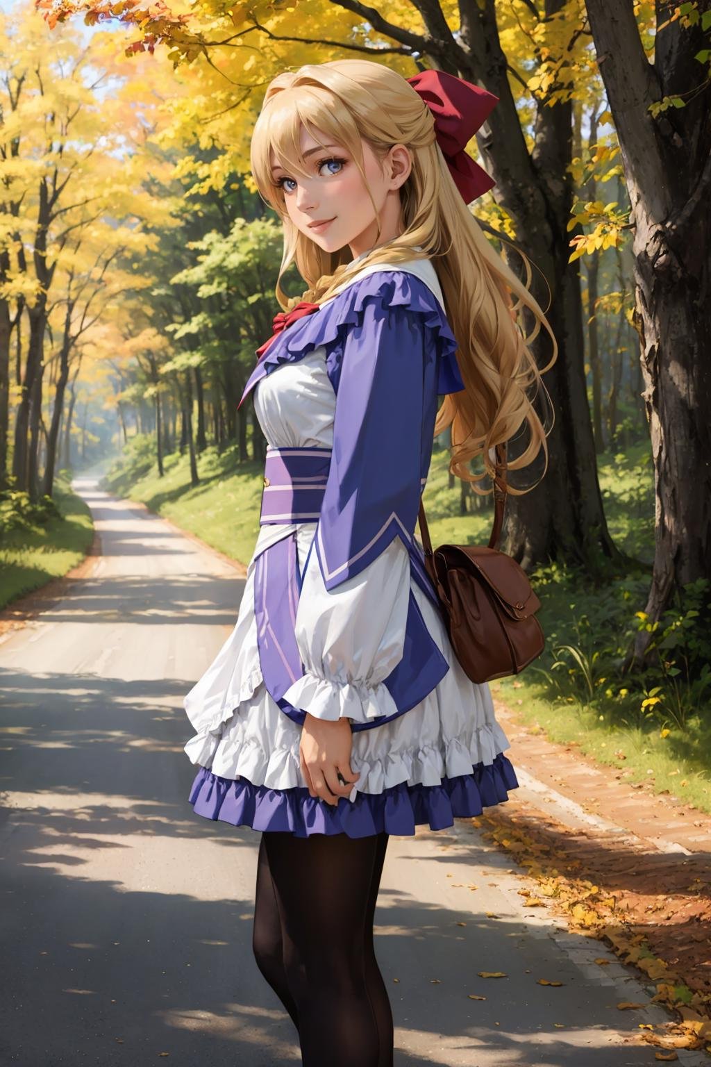 masterpiece, best quality, <lora:leeza-nvwls-v1-000010:0.9> leeza, blonde hair, hair bow, dress, long sleeves, frills, black pantyhose, looking at viewer, smile, autumn, forest, dirt road, looking at viewer, from side