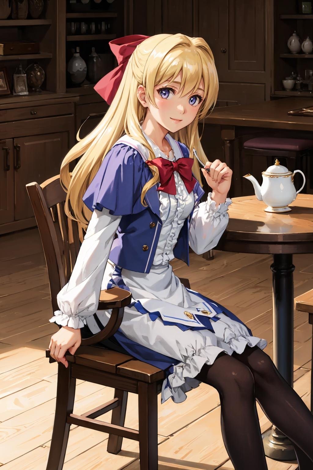 masterpiece, best quality, <lora:leeza-nvwls-v1-000010:0.9> leeza, blonde hair, hair bow, dress, long sleeves, frills, black pantyhose, looking at viewer, sitting, chair, table, tea, smile