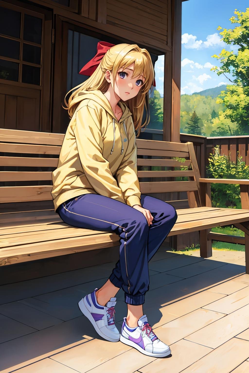 masterpiece, best quality, <lora:leeza-nvwls-v1-000010:0.9> leeza, blonde hair, hair bow, purple hoodie, pants, socks, sneakers, sitting, porch