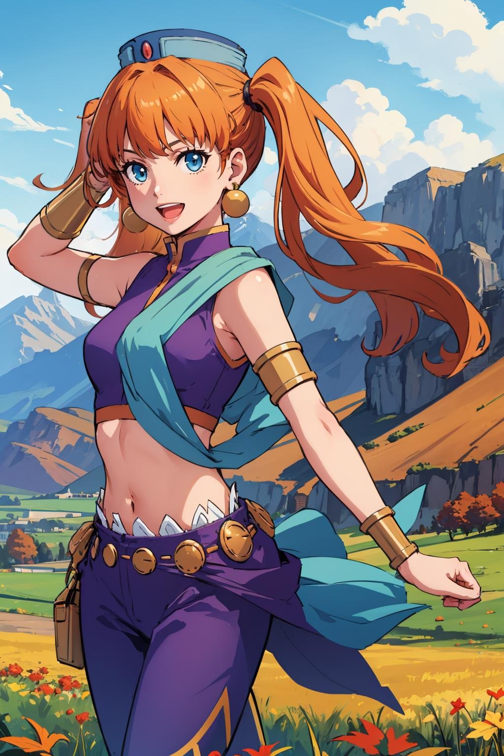 masterpiece, best quality,  <lora:aisha-nvwls-v1-000009:0.9> aisha, orange hair, hat, earrings, crop top, armlet, bracers, belt, purple pants, :D, field, leaves, autumn, mountains, looking at viewer, dynamic pose, cowboy shot