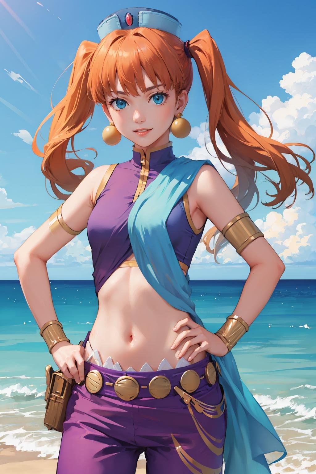 masterpiece, best quality, <lora:aisha-nvwls-v1-000009:0.9> aisha, orange hair, hat, earrings, crop top, armlet, bracers, belt, purple pants, looking at viewer, ocean, happy, hands to hips, upper body