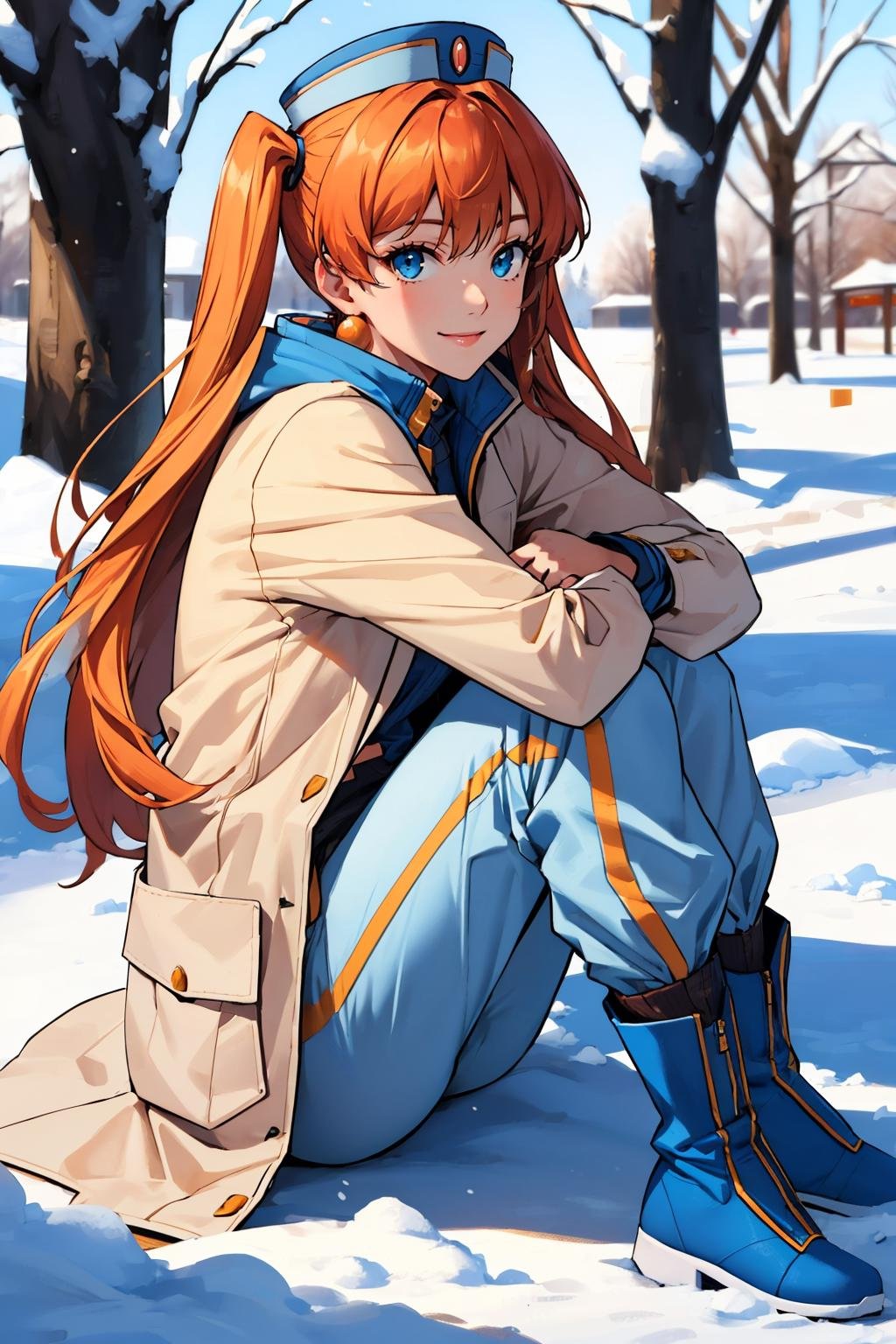 masterpiece, best quality,  <lora:aisha-nvwls-v1-000009:0.8> aisha, orange hair, hat, white coat, sweater, pants, boots, outdoors, snow, looking at viewer, smile, sitting