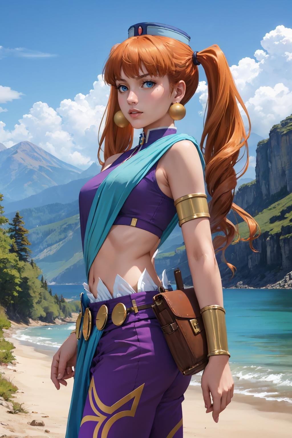 masterpiece, best quality,  <lora:aisha-nvwls-v1-000009:0.9> aisha, twintails, orange hair, hat, earrings, crop top, armlet, bracers, belt, purple pants, from below, sky, mountains, serious, from side