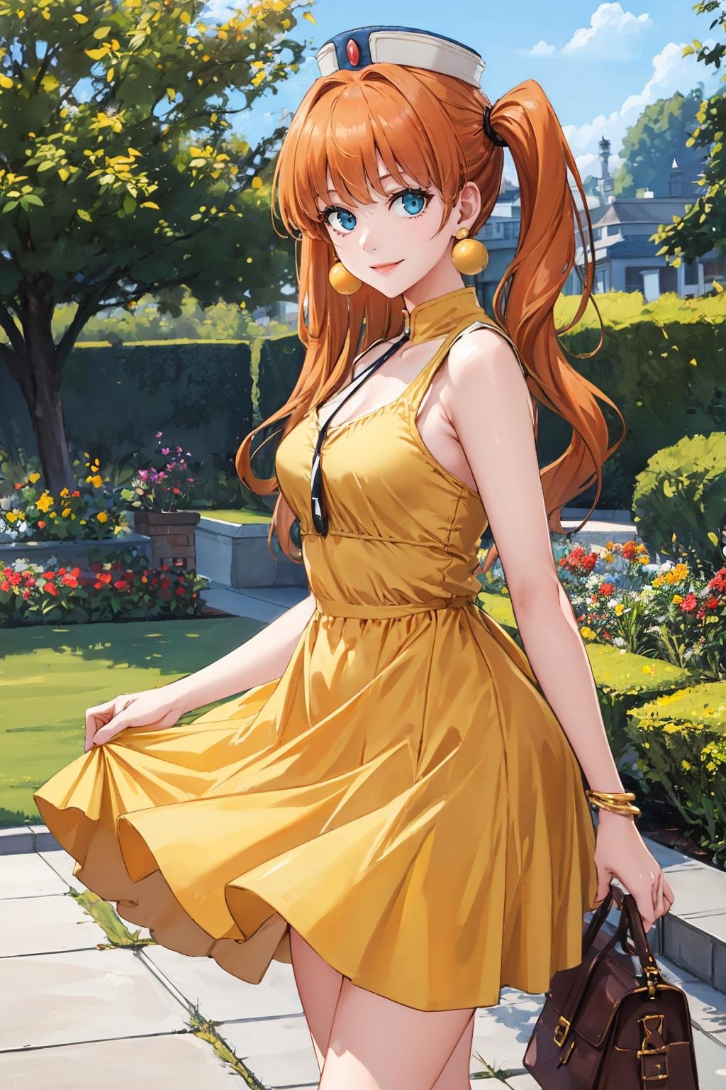 masterpiece, best quality,  <lora:aisha-nvwls-v1-000009:0.8> aisha, orange hair, hat, earrings, yellow sundress, looking at viewer, garden, smile