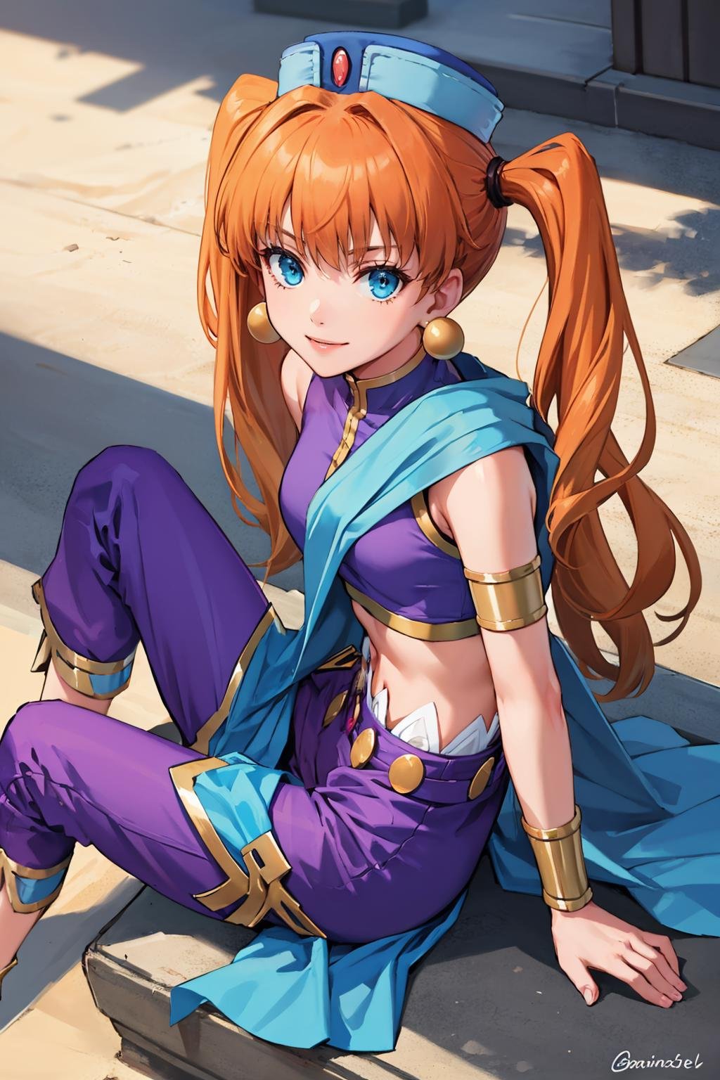 masterpiece, best quality,  <lora:aisha-nvwls-v1-000009:0.9> aisha, orange hair, hat, earrings, crop top, armlet, bracers, belt, purple pants, looking at viewer, smile, on ground, sitting, holding knees, from above