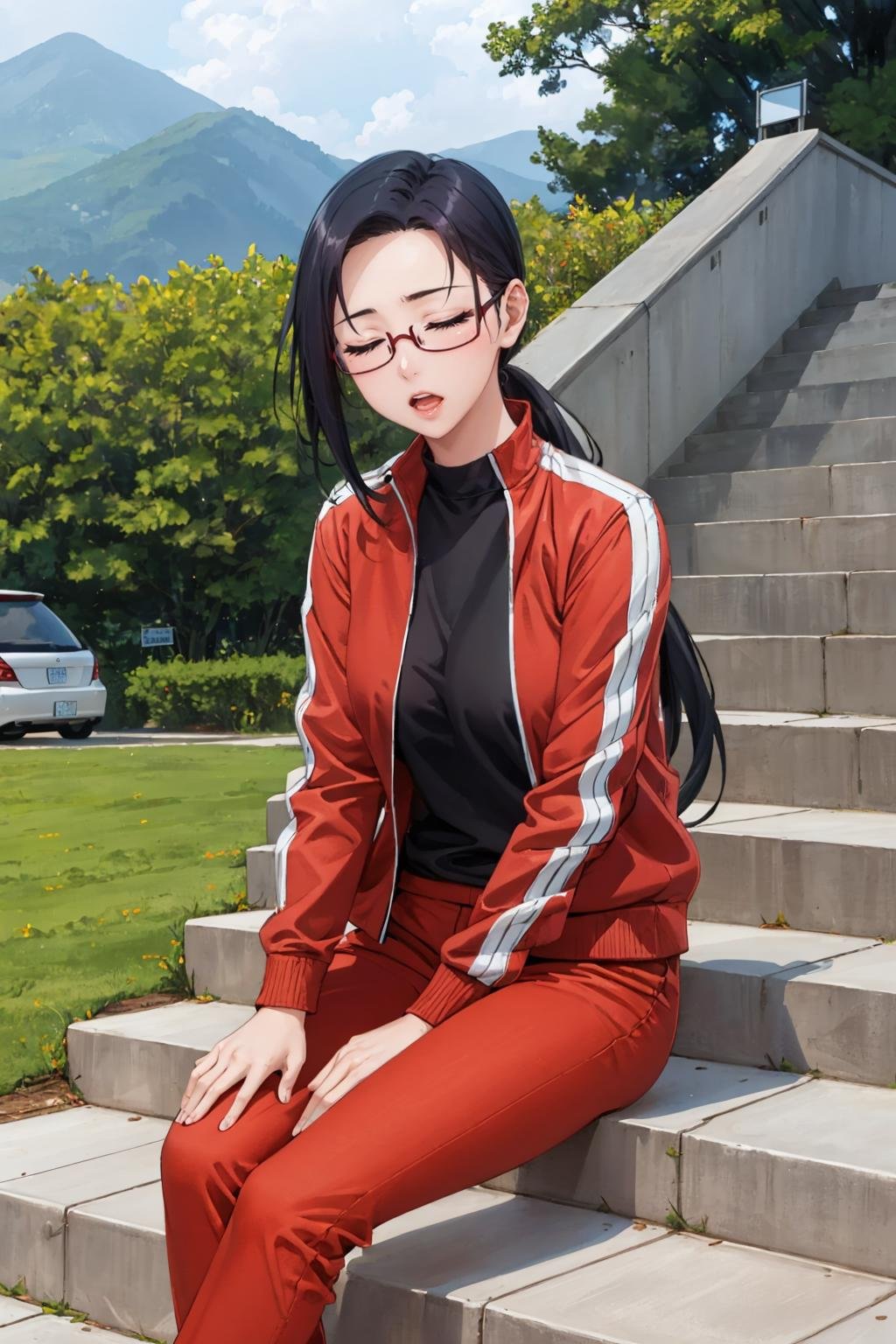 masterpiece, best quality,  <lora:sakie-nvwls-v1-000009:0.9> satou sakie, glasses, open jacket, black t-shirt, red pants, large breasts, tired, sitting, closed eyes, sigh, outdoors, stairs, open mouth