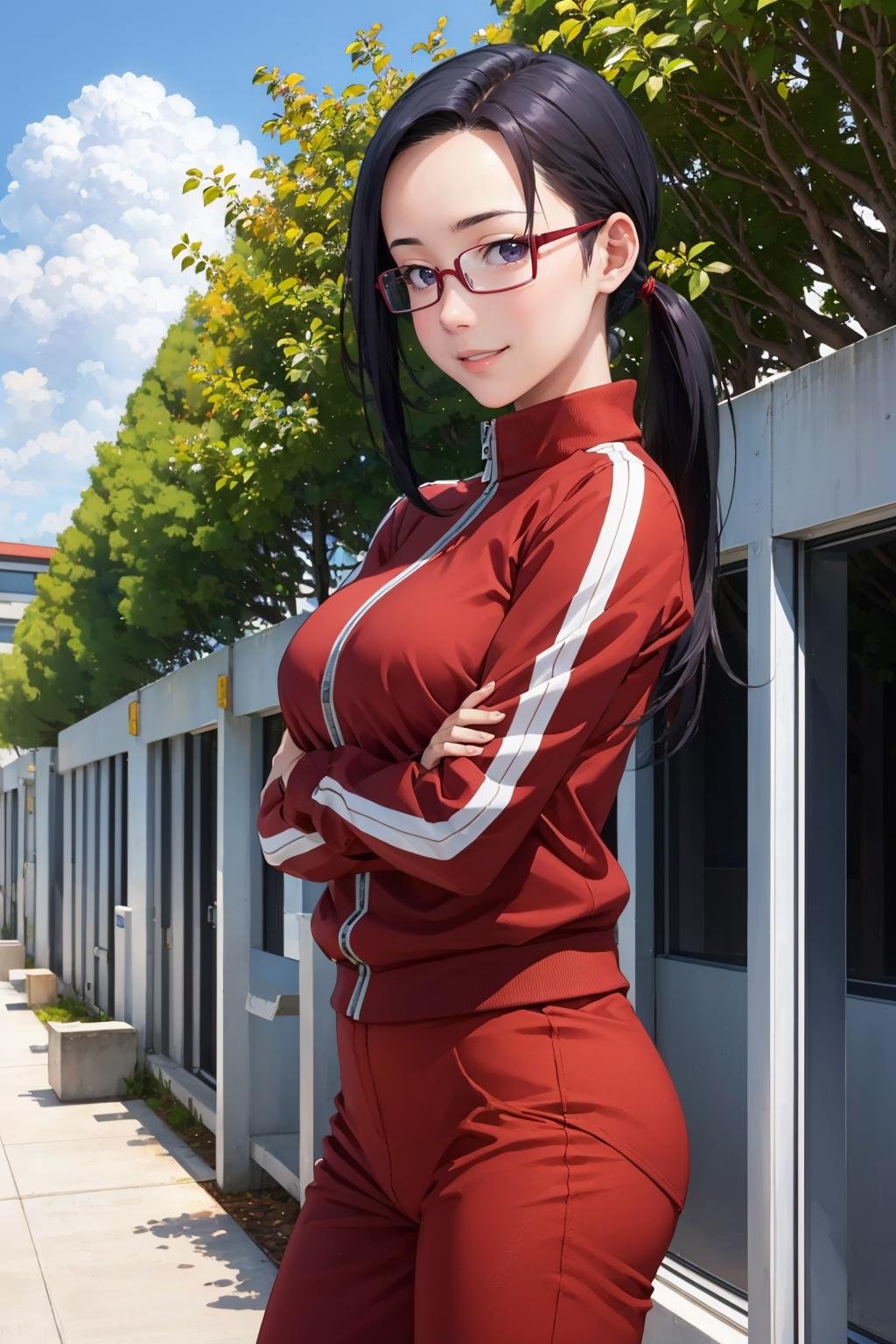 masterpiece, best quality,  <lora:sakie-nvwls-v1-000009:0.9> satou sakie, glasses, track jacket, red pants, looking at viewer, large breasts, from side, school building, outdoors, trees, sky, clouds, smile, standing, crossed arms