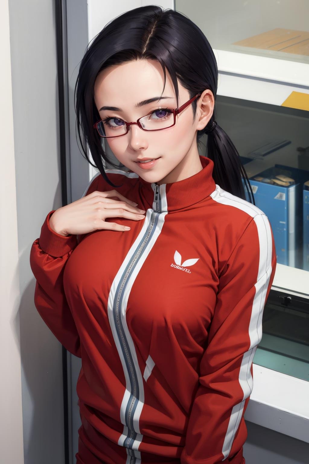 masterpiece, best quality,  <lora:sakie-nvwls-v1-000009:0.9> satou sakie, glasses, track jacket, red pants, looking at viewer, large breasts, upper body, portrait, looking at viewer, parted lips, smile, hand on own chest, from above