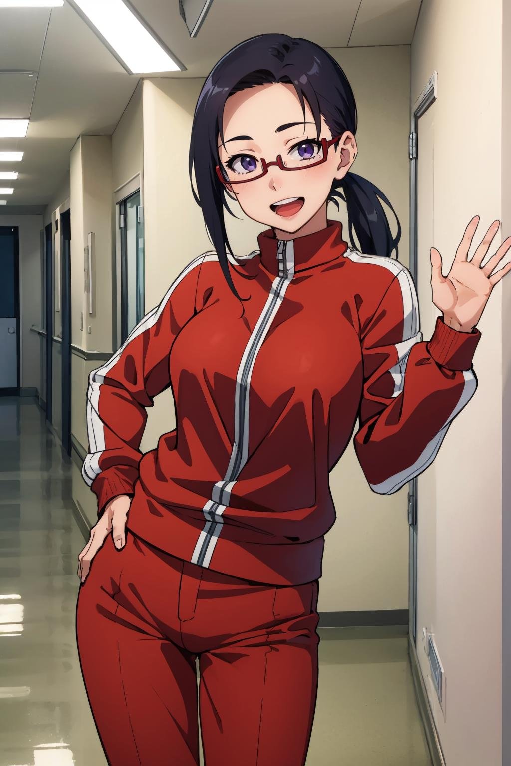 masterpiece, best quality,  <lora:sakie-nvwls-v1-000009:0.9> satou sakie, glasses, track jacket, red pants, looking at viewer, large breasts, cowboy shot, smile, open mouth, happy, waving, school, hallway, hand to hip