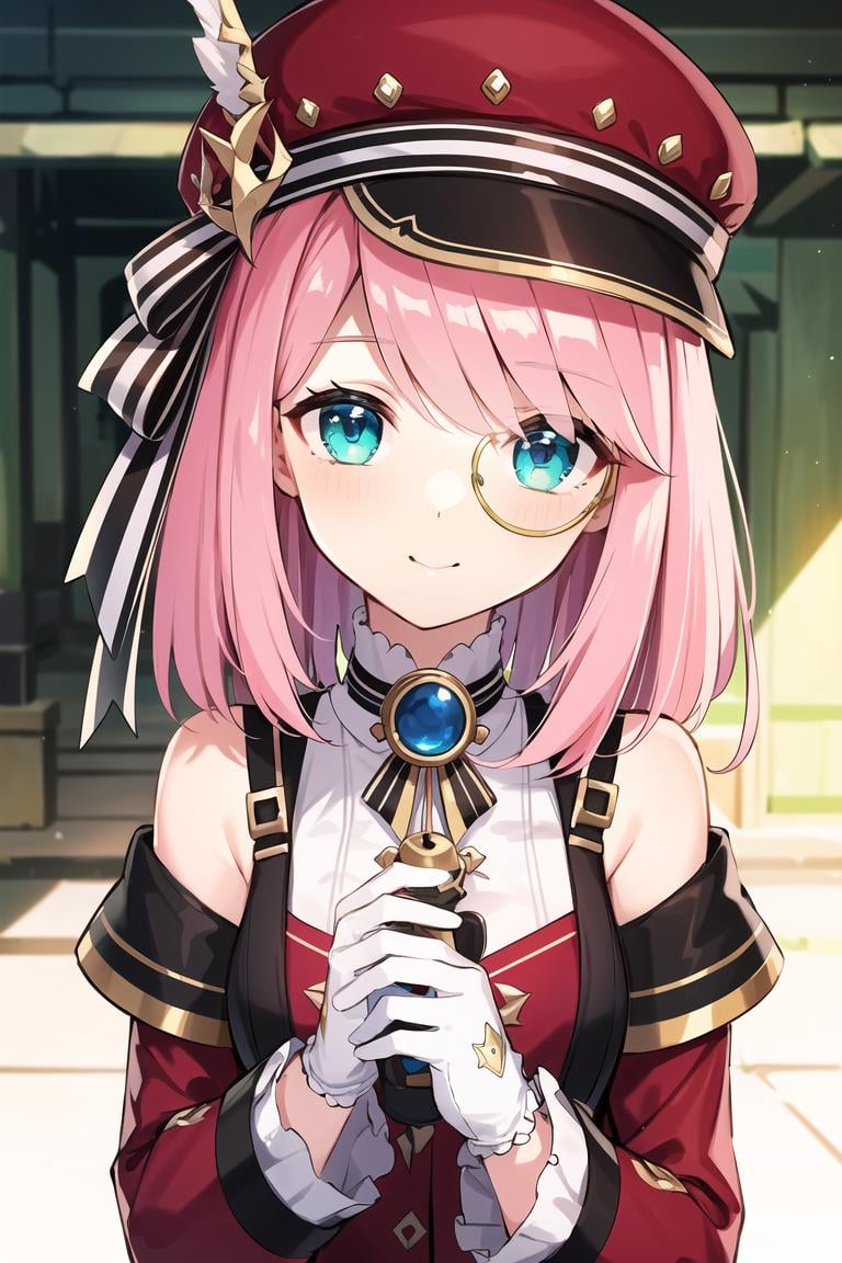 best quality,masterpiece, high res,original, beautiful detailed eyes,ultra-detailed, 1girl, charlotte, hat, medium_hair, monocle, pink_hair, solo, green_eyes, gloves, red_jacket, long_sleeves, off_shoulder, shirt, looking_at_viewer,  <lora:charlotte_v1:0.7>