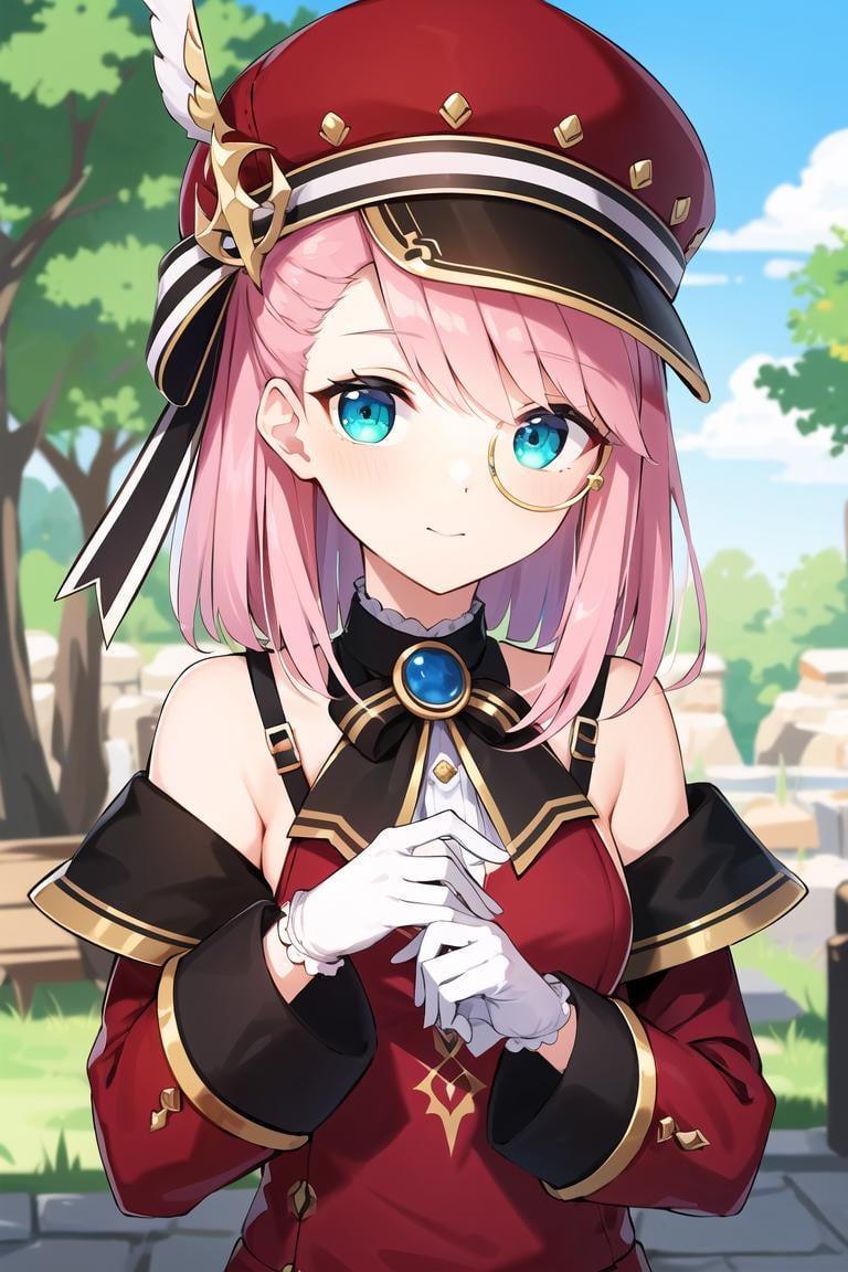 best quality,masterpiece, high res,original, beautiful detailed eyes,ultra-detailed, 1girl, charlotte, hat, medium_hair, monocle, pink_hair, solo, green_eyes, gloves, red_jacket, long_sleeves, off_shoulder, shirt, looking_at_viewer,  <lora:charlotte_v1:0.7>